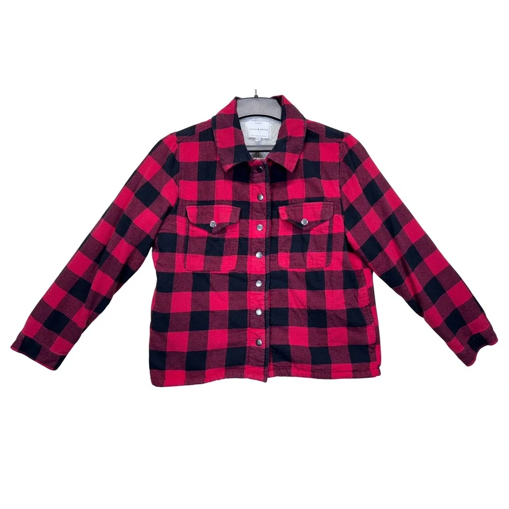 Lucky Brand Red Black Buffalo Plaid Sherpa Lined Shirt Jacket Shacket Mens M‎
